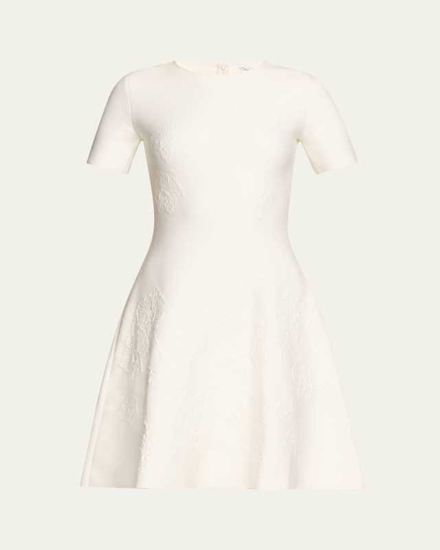 Floral Embroidered Short Cotton Tweed Shift Dress